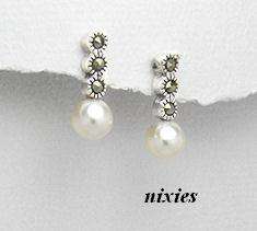 ELEGANT SOLID 925 STERLING SILVER MARCASITE & PEARL EARRINGS