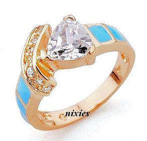 YELLOW GOLD EP DIAMANTE RING WITH TURQUOISE INLAY  - SIZE 7(O)