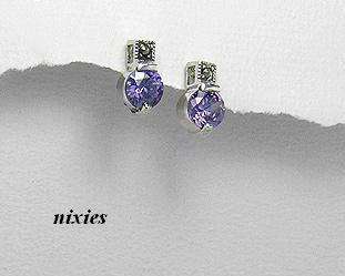 LOVELY SOLID SILVER AMETHYST & MARCASITE STUD EARRINGS
