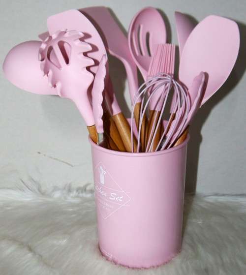 Cooking Utensil Set 11 Piece with Holder - Pink