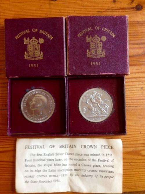 1951 Festival of Britain Crown Piece, 2 in presentation boxes, complete, to go as a lot