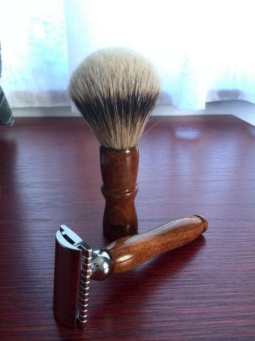 Wood Turned Safety Razor and Brush Set (Kiaat Wood)