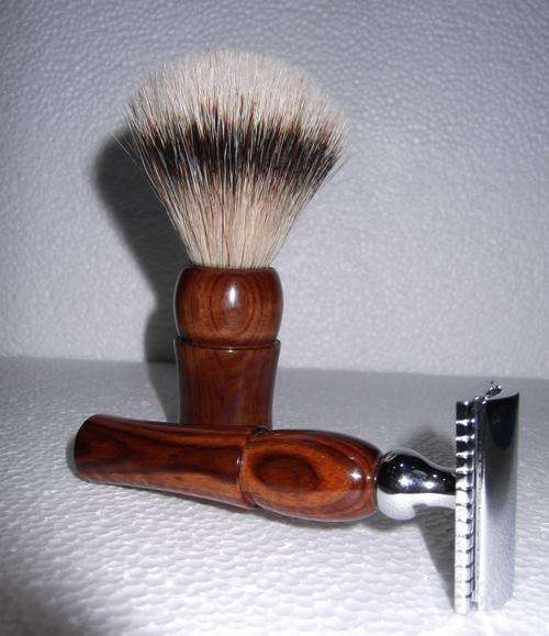 Wood Turned Safety Razor and Brush Set (Tamboti, Silvertip)