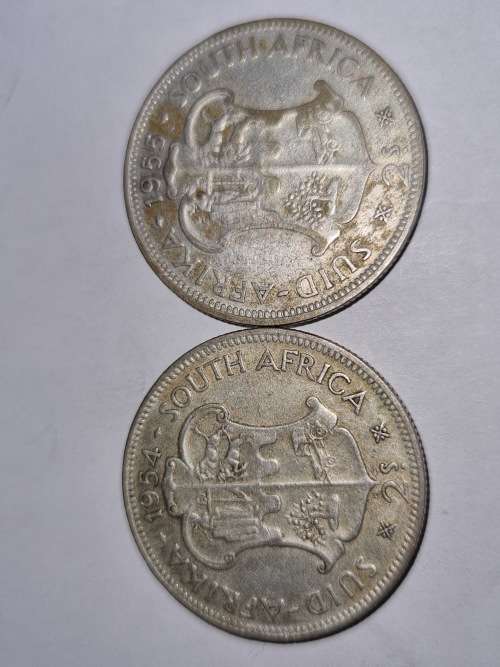 SA Union set of Silver 2 Shillings coins 1954 and 1955 (50% and 11.31g) - good condition