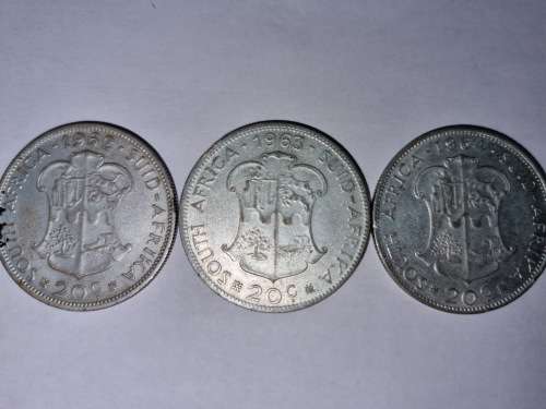 SA Republic set of Silver 20c coins 1962, 1963 and 1964 (50% and 11.31g each) - very good condition