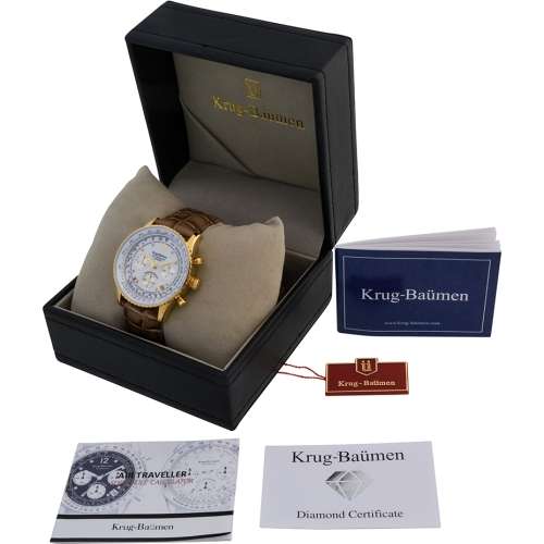 15 k Diamond Certified Krug-Baumen Watch Rose Gold casing - white face with brown strap