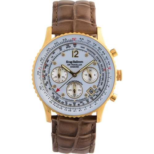 15 k Diamond Certified Krug-Baumen Watch Rose Gold casing - white face with brown strap