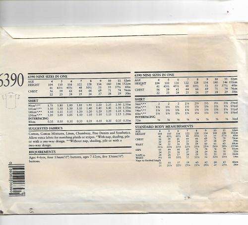 Newlook 6390 Boy's Shirt Pattern Age 4 - 12 Years