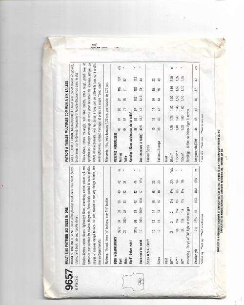 Simplicity 9657 Ladies Vest Size 32 - 42 Ins.