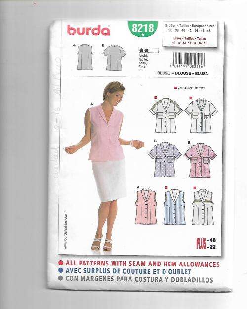Burda 8218 Ladies Top Size 10 - 16