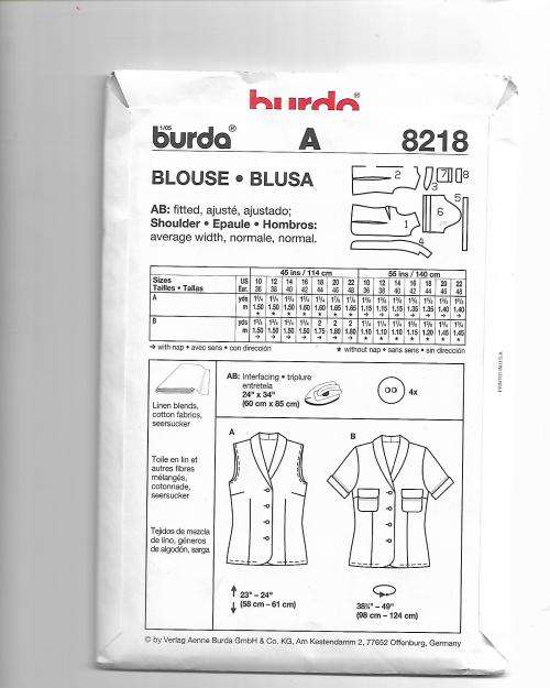 Burda 8218 Ladies Top Size 10 - 16