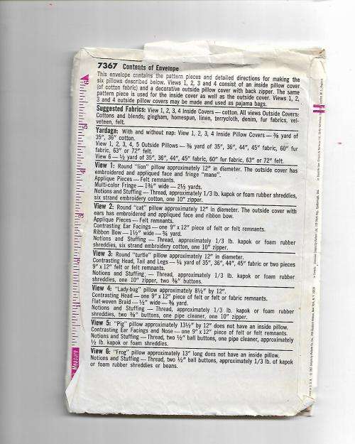 Simplicity 7367 Cuddle Pillows or Pajama Bags