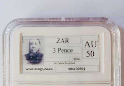 Rare collectors ZAR 1894 Three Pence AU50 Graded coin