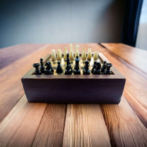 Vintage collectors mini chess board housed in wooden box