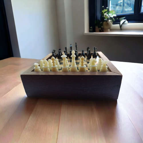 Vintage collectors mini chess board housed in wooden box