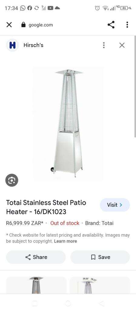 Totai Stainless Steel Patio Heater on wheels and a 9kg Gas bottle