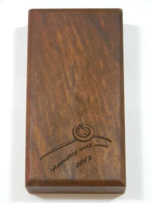 Empty SA Mint 2002 JHB World Summit 3 Coin Prestige Set Wooden Box with Engraving