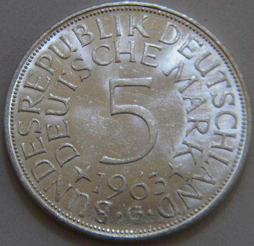 Germany Federal Republic Silver 5 Mark 1963 G - Choice UNC ! The scarcest Mintmark!