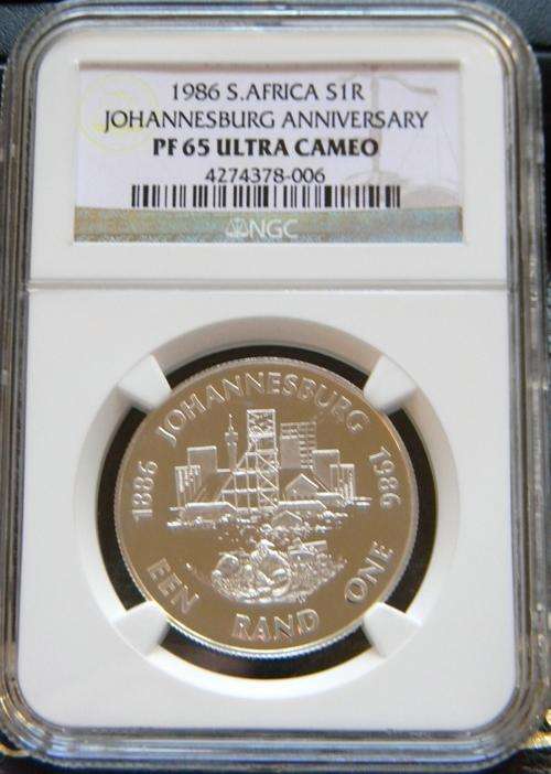 South Africa 1986 PROOF Silver R1 Johannesburg NGC Certified PF65 Ultra Cameo !