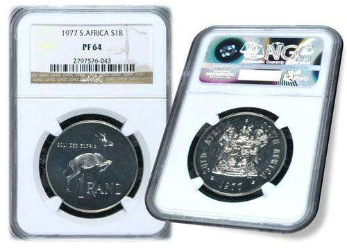*~ SILVER PROOF RAND SALE ~* South Africa 1977 Silver PROOF R1 - NGC Graded PF64