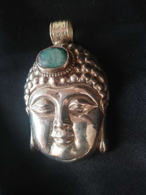 TIBETAN SILVER AND JADE BUDDHA HEAD LARGE RARE PENDANT