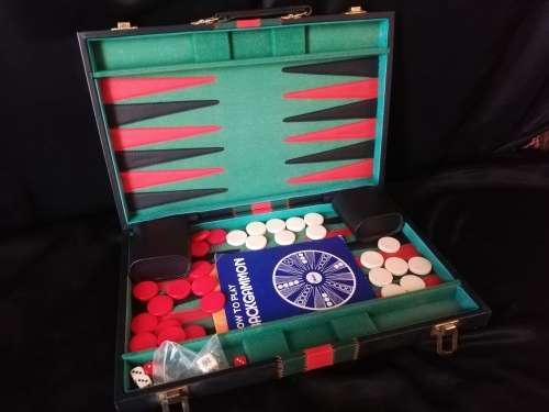 VINTAGE FAUX LEATHER BACKGAMMON GAME IN A CASE
