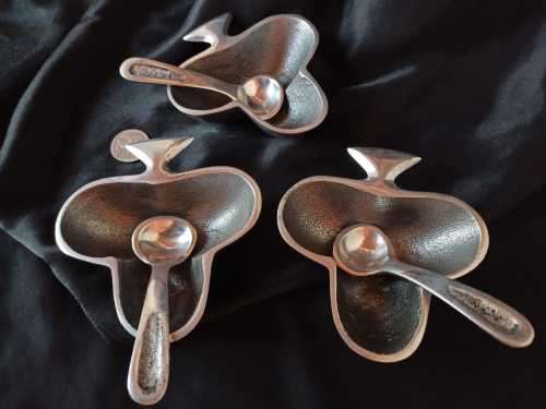 SET OF THREE PEWTER SNACK SERVING BOWLS WITH SPOONS