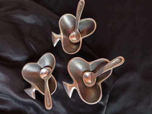 SET OF THREE PEWTER SNACK SERVING BOWLS WITH SPOONS