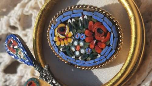 MICRO MOSAIC BROOCH AND SPOONS LOT