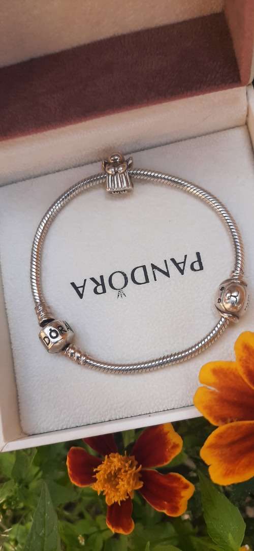 ORIGINAL PANDORA STERLING SILVER BRACELET WITH 2 CHARMS