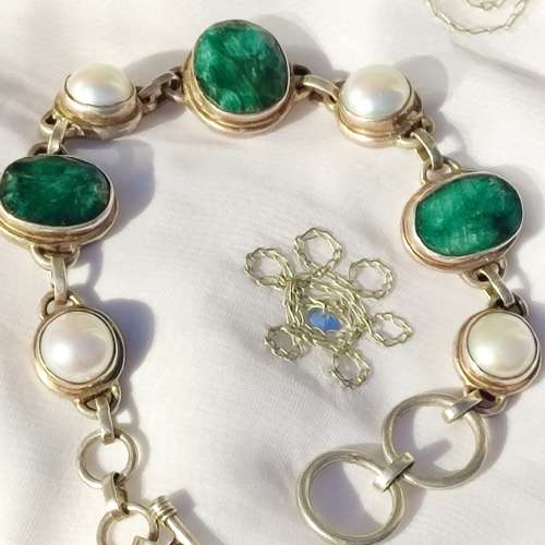 RARE STERLING RAW EMERALD AND PEARL BRACELET