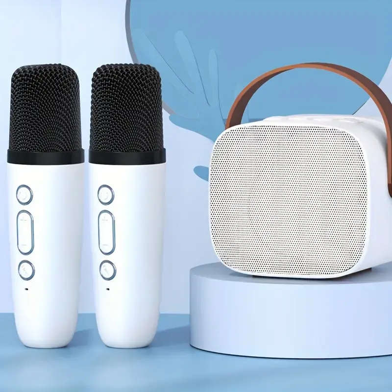Mini karaoke speaker machine with 2 wireless microphones
