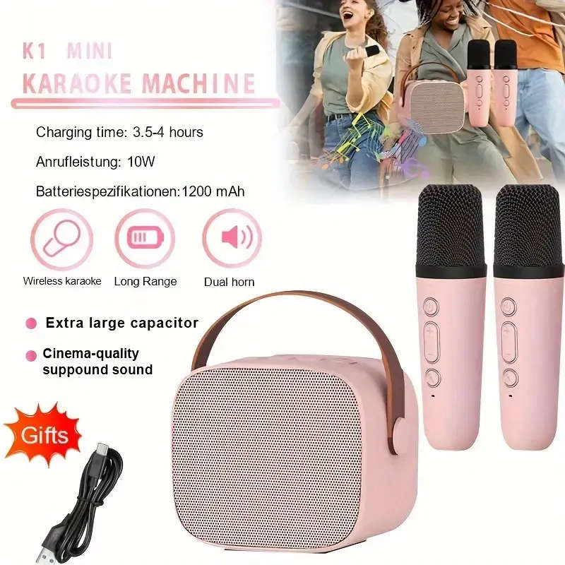 Mini karaoke speaker machine with 2 wireless microphones