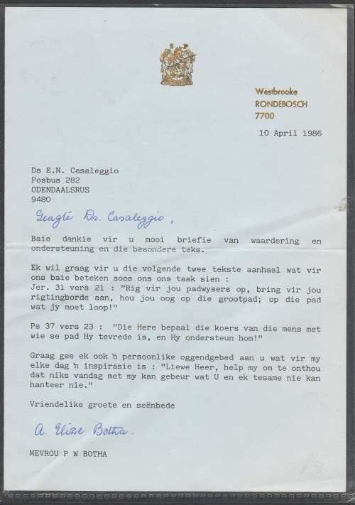 Signed letter from ELIZE BOTHA (wife of P.W. Botha) dated 10.4.1986