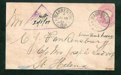 ANGLO BOER WAR front of cover from WARRENTON to DEADWOOD CAMP, ST HELENA