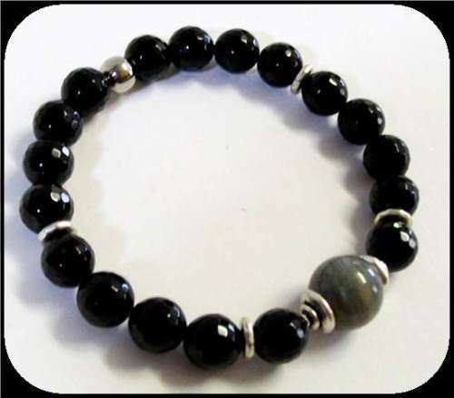Men's Onyx and Labradorite semi precious gemstone stretchcord bracelet