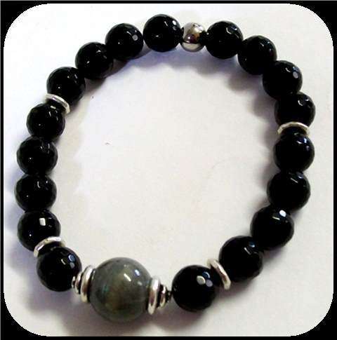 Men's Onyx and Labradorite semi precious gemstone stretchcord bracelet