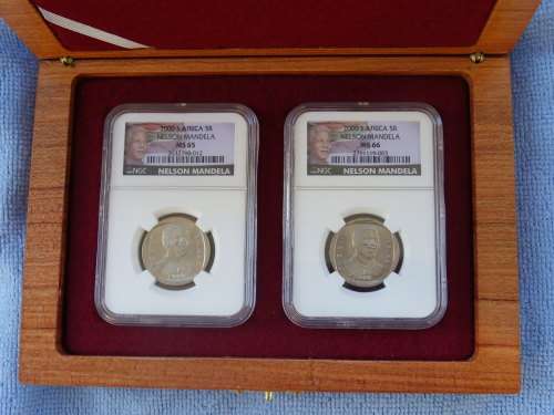 2000 NELSON MANDELA R5 SET IN WOODEN CASE. NGC LIMITED EDITION COLOUR LABEL MS65 MS66 HIGHEST GRADE