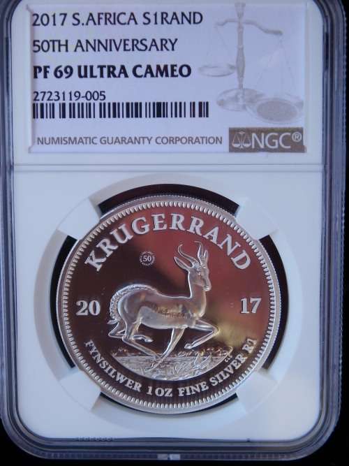 2017 PROOF SILVER 1oz KRUGERRAND. 50TH ANNIVERSARY. NGC GRADED PROOF 69 UC.