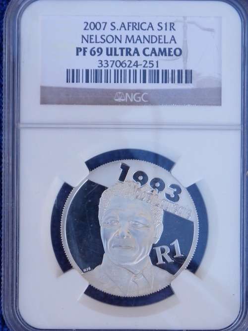 2007 NELSON MANDELA NOBEL LAUREATE SILVER R1.   NGC GRADED PF69 UC.