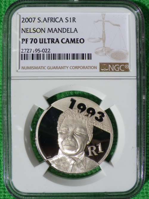 2007 NELSON MANDELA SILVER R1. 1993 NOBEL LAUREATE. NGC GRADED PROOF 70 ULTRA CAMEO. TOP GRADE!