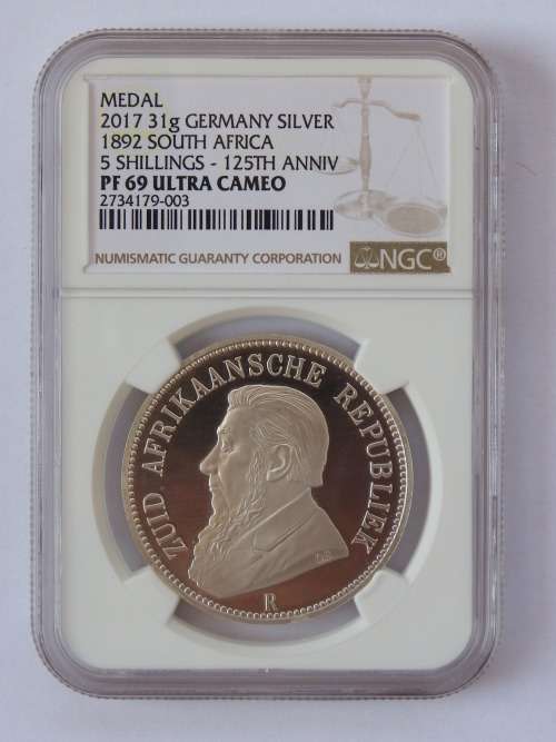 2017 125TH ANNIVESARY OF 1892 5 SHILLING. NGC GRADED PROOF 69UC. MINTED IN BERLIN. SCARCE!!