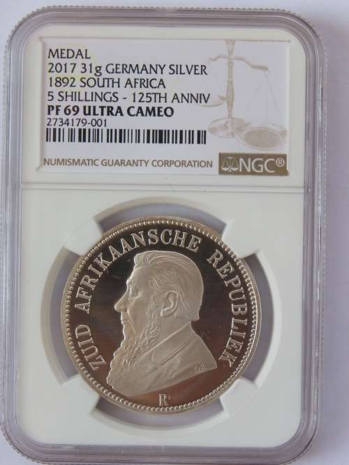 2017 125TH ANNIVESARY OF 1892 5 SHILLING. NGC GRADED PROOF 69UC. MINTED IN BERLIN. SCARCE!!
