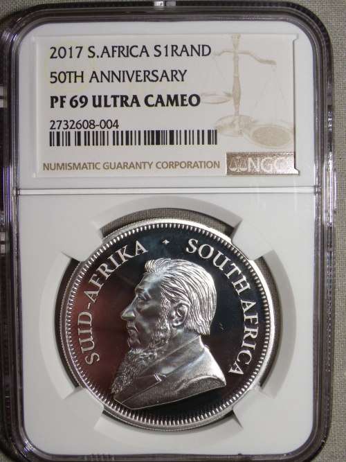 2017 PROOF SILVER 1oz KRUGERRAND. 50TH ANNIVERSARY.NGC GRADED PROOF 69 UC.