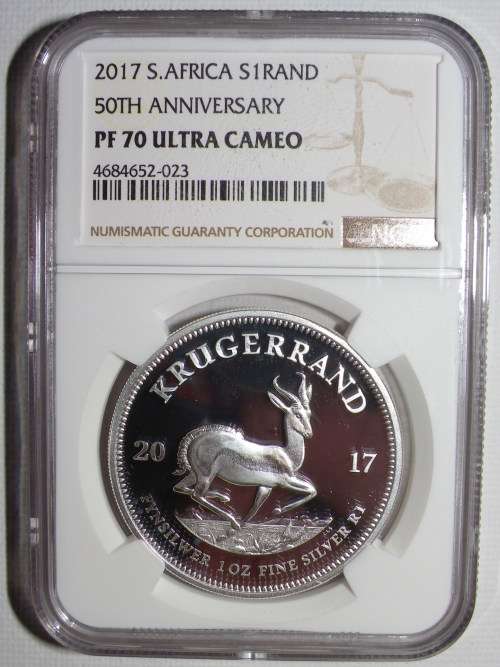 2017 PROOF SILVER 1oz KRUGERRAND. 50TH ANNIVERSARY. NGC GRADED PROOF 70 UC  FINEST GRADE!!.