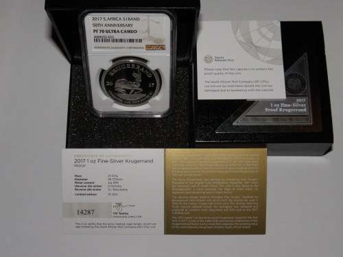 2017 PROOF SILVER 1oz KRUGERRAND. 50TH ANNIVERSARY. NGC GRADED PROOF 70 UC  FINEST GRADE!!.