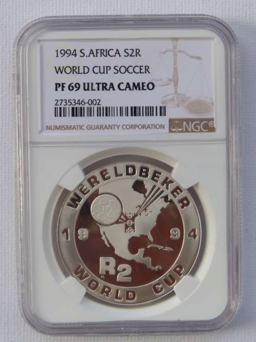1994 SOTH AFRICA SILVER R2- WORLD CUP SOCCER- NGC GRADED PROOF69 UC  FINEST GRADE!