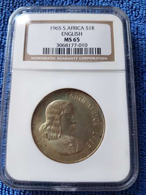 RARE!! 1965 SOUTH AFRICA SILVER R1  - ENGLISH-  NGC GRADED MS65