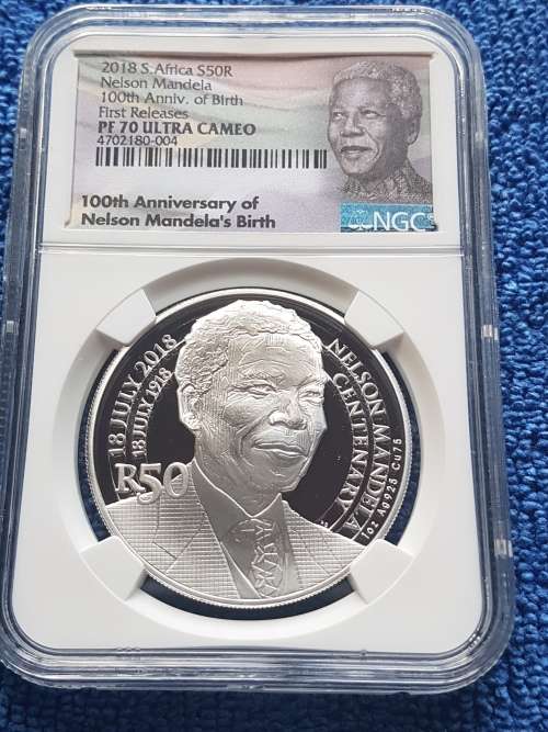 2018 SOUTH AFRICA SILVER R50 -NELSON MANDELA 100th ANNIV.OF BIRTH. -NGC GRADED PF70UC *1ST RELEAESES