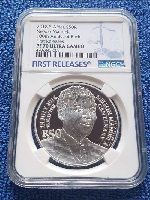2018 SOUTH AFRICA SILVER R50 -NELSON MANDELA 100th ANNIV.OF BIRTH. -NGC GRADED PF70UC *1ST RELEAESES